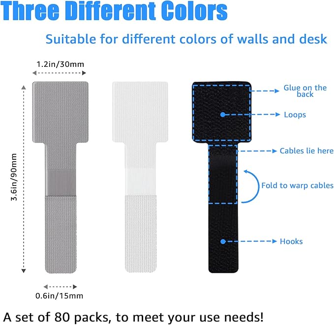 80PCS Hook and Loop Cable Ties, Under Desk Cable Management, Adhesive Cable Straps, Cord Management Hider Idea, Cord Organizer for Desk, Computer Accessories, Home Office Organization, Gray