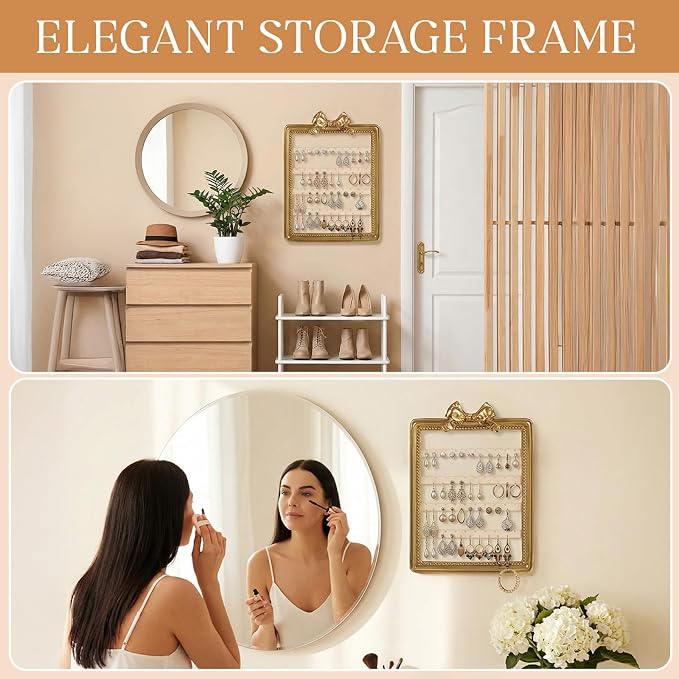 12 x 9.5 Inches Earring Organizer Wall Mounted Jewelry Holder Hanging Vintage Display Rack with 4 Tiers Elegant Earring Holder for Women Necklaces Bracelets Jewelry Storage Gift(Bow)