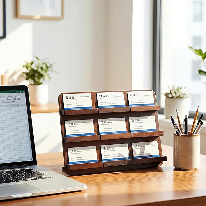 Leinuosen 3 Tier Wood Multiple Business Card Holder Desktop 9 Slot Business Card Holder for Desk Gift Postcard Display Rack Pamphlet Display Stand for Office Meeting Home (9.45 x 12.99 Inch)