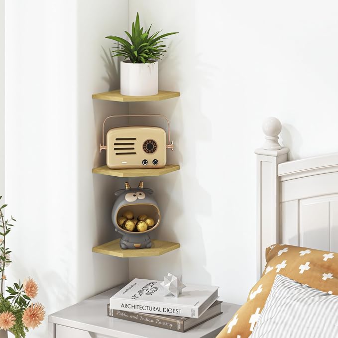 Corner Shelf Wall Mount, Floating Corner Shelves, Set of 6 Corner Wall Shelf Organizer, Rustic Wood Wall Storage Display Shelves for Living Room Bedroom Bathroom Kitchen, Rustic Brown, Oak