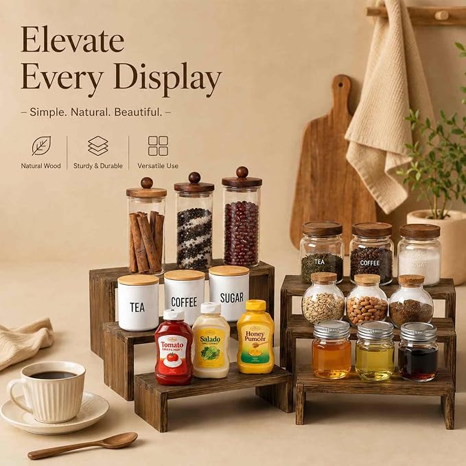 3-Tier Wood Display Riser 2 Set, Tiered Display Stand for Food, Kitchen, Desk & Party - Solid Pine Wooden Shelf & Organizer for Plants, Collectibles, Office (9.5/8.5/7.5 In)