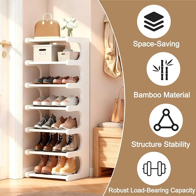 7-Tier Vertical Shoe Rack, Bamboo Free Standing Shoe Rack Shelf, Shoe Storage Stand, Entryway Shoe Tower, Vertical Shoe Organizer for Narrow Closet, Entryway, Hallway