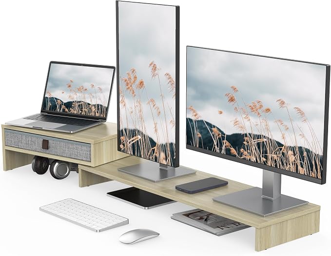 Fenge Triple Monitor Stand with Srorage Drawer, Adjustable Length and Angle | Computer Monitor Riser for 2 or 3 Monitors, Wooden Desktop Laptop Stand, Office Organizer for PC, Screen, Tablet, Oak