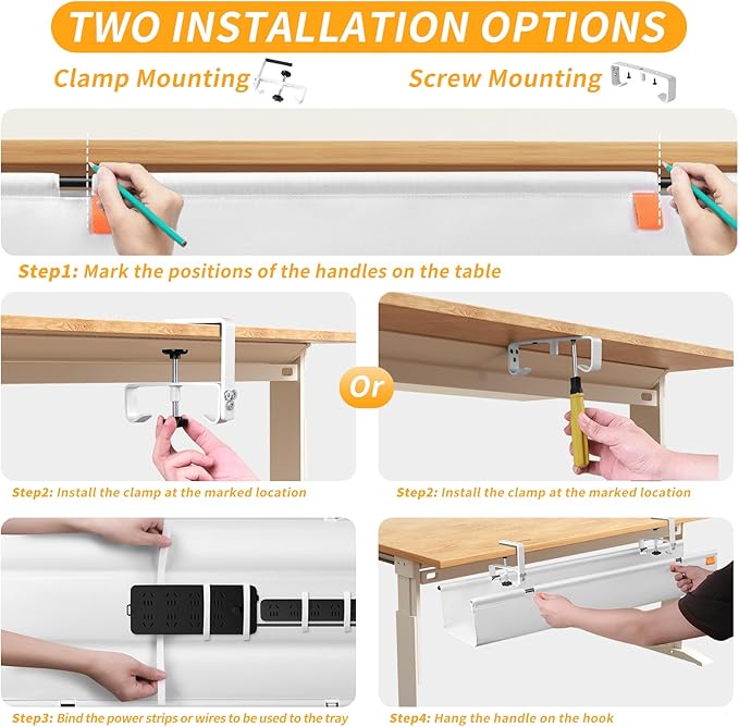 Under Desk Cable Management Tray with Clamp, No Drill 36" Cord Organizer for Desk, Desk Cable Management Fabric Tray for Standing Desks, Ideal for Home & Office - White