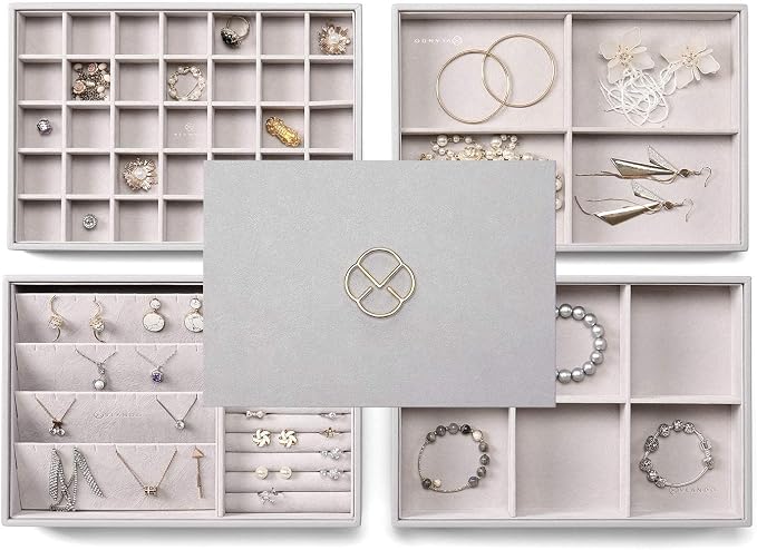VLANDO Stackable 4-Layer Jewelry Tray - Multipurpose Jewelry Accessories Display Storage and Organizer for Earring Necklace Bracelet Ring, Grey