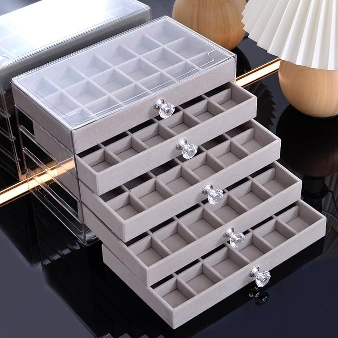 SPAKOWN Earring Box Holder Organizer Display Case | Clear Velvet Jewelry Storage Tray Organizer for Earring Ring Stud (Grey - 5 Drawers)