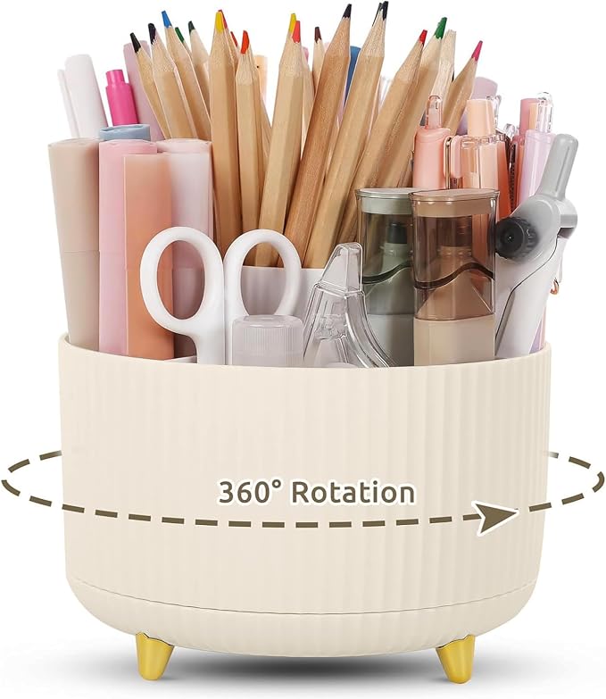 KONVINIT Pencil Pen Holder for Desk, 5 Slots 360 - Degree Rotating Desktop Organizer, Cute Desk Organizers and Accessories for School, Home, Office and Art Supply, Beige