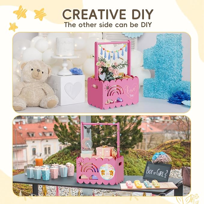 Wooden Baby Shower Crate Closet, Wooden Baby Shower Crate Closet, Boys and Girls for Baby Shower Wooden Basket Gifts, Welcome Baby Gifts, Suitable for Pregnancy Glfts for New Parent (Pink Color)