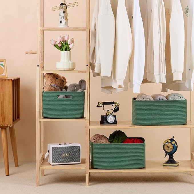 MiniArk Large Storage Baskets for Shelves, 17 x 13 x 7.5” Closet Organizers Bins for Clothes Blanket Towels, Baby Nursery, Toy Baskets Box, Woven Rope Baskets, 2 Packs Green