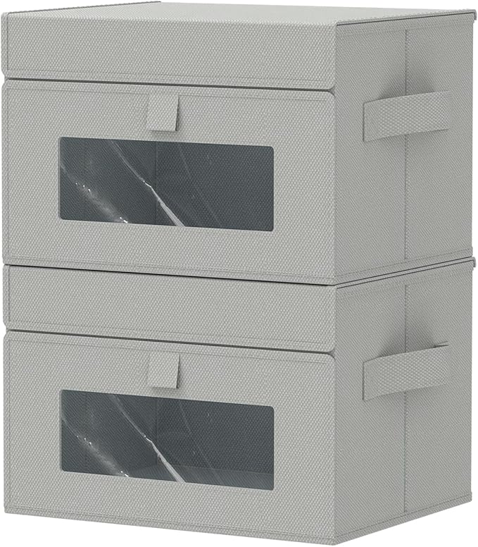 Storage Bins with Lids, Cube Organizer Basket with Window, Closet Boxes with Carrying 2 Handles and Sturdy PP Support Plate, 2 Pack, Grey, 10.2 x 7.9 x 6.7 In, XSNY17GS-2