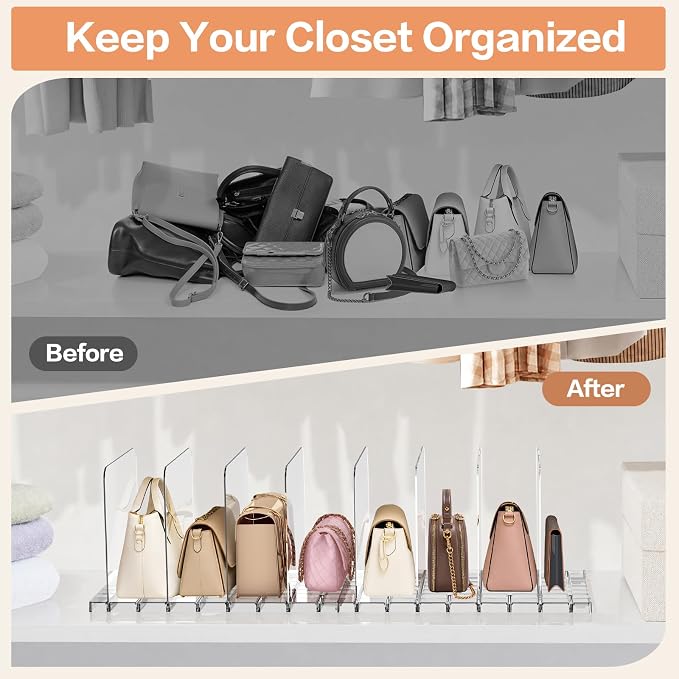 Stackable Purse Organizer for Closet Shelf, Acrylic 4 Set | Adjustable Dividers, Modular purse storage System, for Handbag Wallet Paper Bag, for Woman, Keep Upright Storage