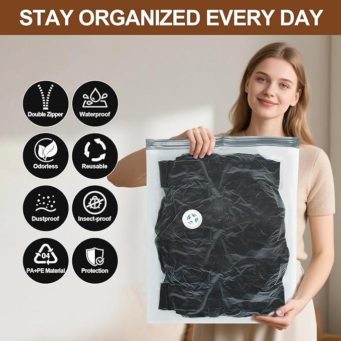 24 Pack Vacuum Storage Bags,Space Saver Bags for Clothing,Comforters,and Bedding,Includes 5 Jumbo, 5 Large, 5 Medium, 5 Small/4 Roll Bags,Compression for Closet & Travel, With Electric Pump