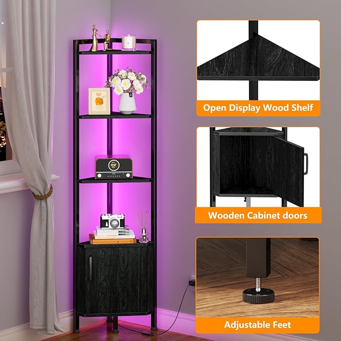 Furnulem Corner Shelf,5-Tier Corner Cabinet with Storage and LED Light, 62.8” Standing Display Bookshelf for Bedroom, Living Room, Kitchen, Wood Display Shelf (Black Oak) | 62.8”Tall Corner Bookshelf with Storage Rack for Bedroom,Living Room,Kitchen,Me...