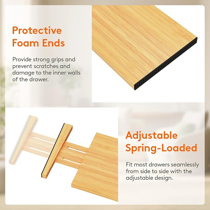 Lifewit 6" High 8 Pack Bamboo Drawer Dividers 33-42cm/13-16.5" Adjustable Wooden Drawer Organizer for Clothes/Utensils, Expandable Drawer Separator for Dresser/Kitchen/Bedroom/Office Organization