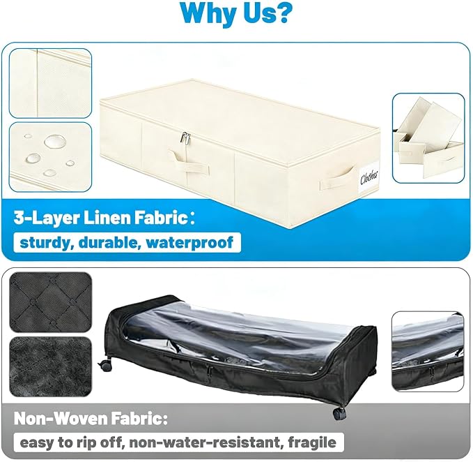 Under Bed Storage Container Bins 2 Pack, Low Profile Foldable Underbed Clothes Storage Organizer W/ Ultra Thick Fabric and Sturdy Bottom/Sides, Dual Zipper Storage Box for Dorm and Home 30x16x6.7"