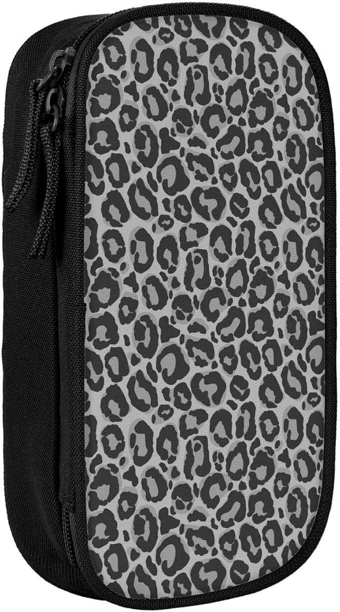 Perinsto Grey Leopard Print Pencil Case Big Capacity Multi Compartment Stationery Box Pencil Pouch Holder Desk Organizer For School Office Home