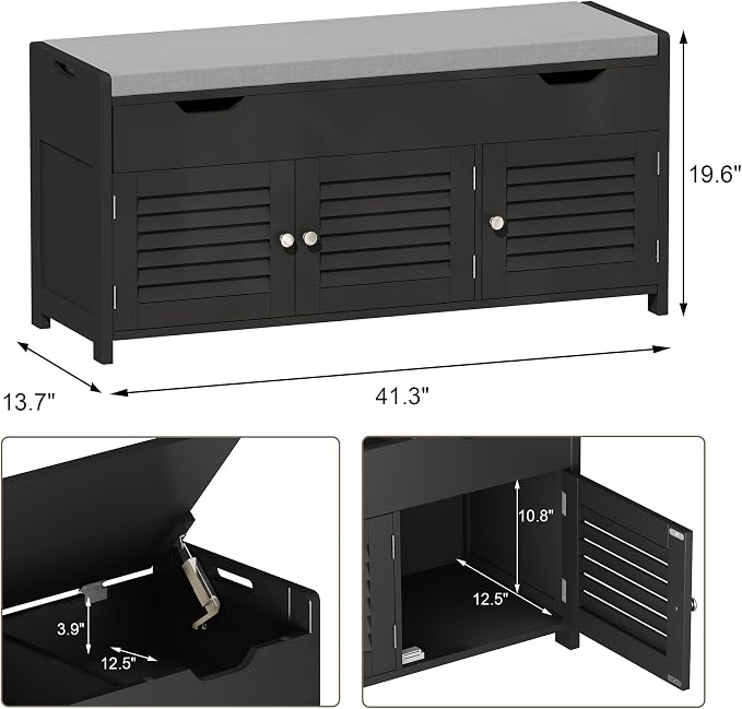 ChooChoo Shoe Storage Bench with Lift Top Storage & Cushioned Seats | 41.3" Entryway Bench with 3 Compartments & Adjustable Shelf, for Entryway, Black