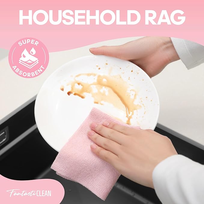 Fantasticlean Microfiber Cleaning Cloth Roll 2 Rolls 120 Pack, Tear Away Paperless Towels, 8" x 8", Reusable Washable Rags, House Kitchen, Pet, Office, Indoor Outdoor, Portable (Pink and Off-White)