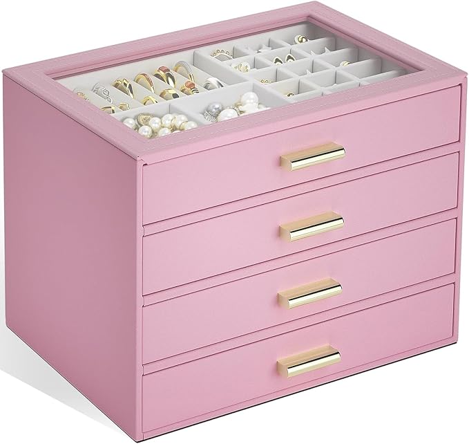 AKOZLIN Jewelry Box with Clear Lid Functional Leather Jewelry Storage Organizer Case 4 Drawers for Women Girls Necklace Ring Bracelet Earring