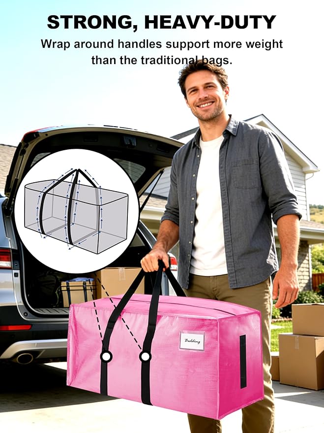 4 Pack Large Strong Moving Bags with Zippers & Carrying Handles - Water-Resistant - Heavy Duty Storage Tote for Space Saving, Fold Flat, Alternative to Moving Box (Pink)