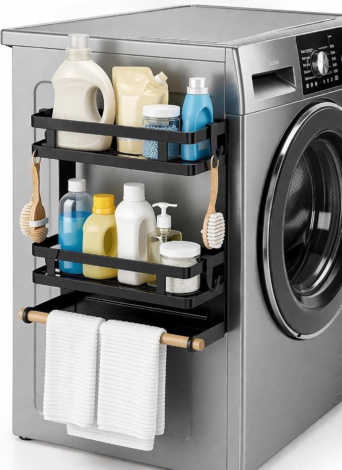 Magnetic Refrigerator Spice Rack Organizer, 2 Layer Kitchen Shelf with Paper Towel Holder, Fridge Side Storage for Seasoning Bottles, No Drill Rack