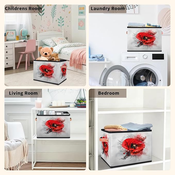 Red Flower Closet Storage Bin, Foldable Storage Baskets for Shelves, Decorative Shelf Organizer Poppy Floral Black Grey Vintage Fabric Cube Bin for Living Room Bedroom Home Dorm