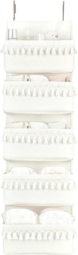 Dahey Over The Door Organizer Boho Nursery Storage Decor Closet Hanging Organizer with Tassels Decoration for Bedroom Nursery Bathroom Apartments Dorm Pantry, 5 Pockets, White