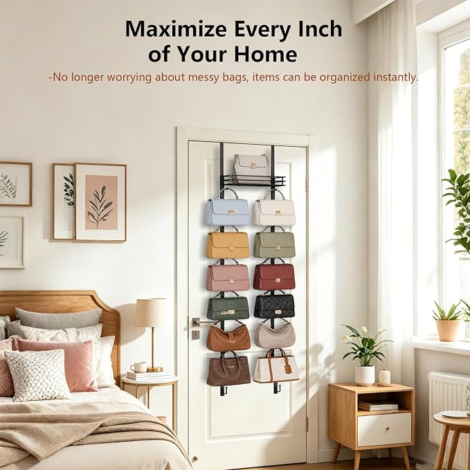 Over The Door Purse Organizer Black | Metal Hanging Handbag Storage with 16 Hooks & Metal Frame Basket, Wall Mounted Bag Holder Can Use As 1/2 Part