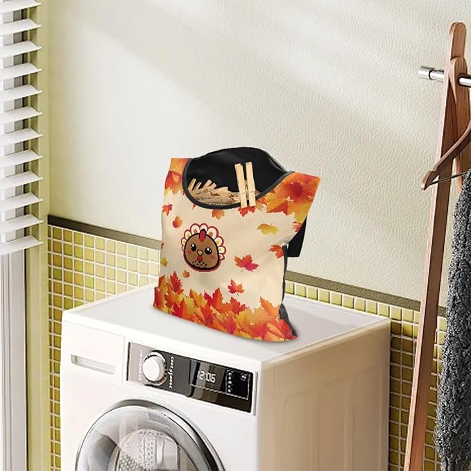 Turkey Clothespin Storage Moon Hanger Bags Maple Leaf Laundry Clothespin Bag with a Large Opening, Waterproof Hanging Storage Organizer with Hanging Rope for Home Outdoor