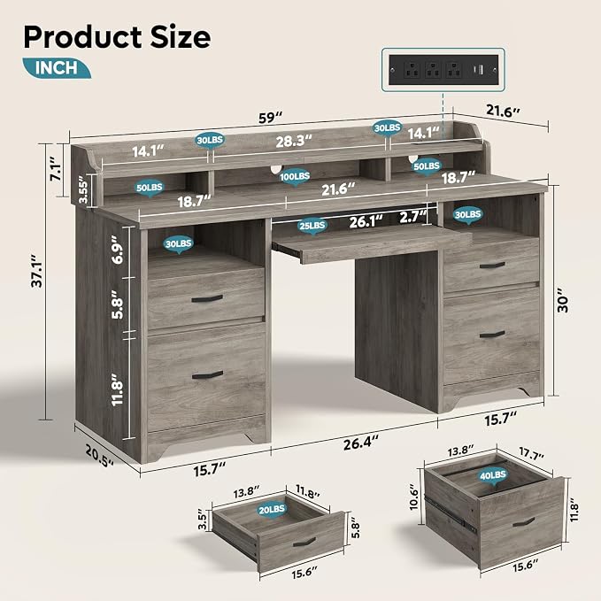 Bestier 59" Executive Desk with Charging Station & Monitor Stand, Grey | Farmhouse Wood Computer Desk with Drawers, Home Office Desk with Keyboard Tray, Sturdy Pedestal Desk for Work Study