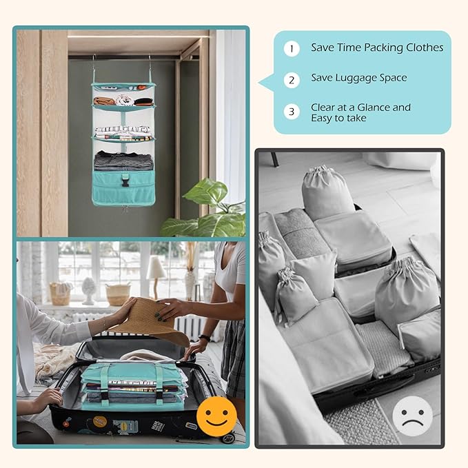 Surblue Hanging Closet Storage Bag Collapsible 3-Shelf Washable Oxford Fabric with 2 Hooks (L 11.41 * 11.41 * 19.68in, Aqua Blue)