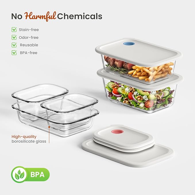 8 Glass Food Storage Containers with Click-Together Lids, Stackable Meal Prep Food Container Set, 4 Sizes Modular Glass Storage for Snacks, Sandwiches, Overnight Oats, Leftovers & Fridge Organization
