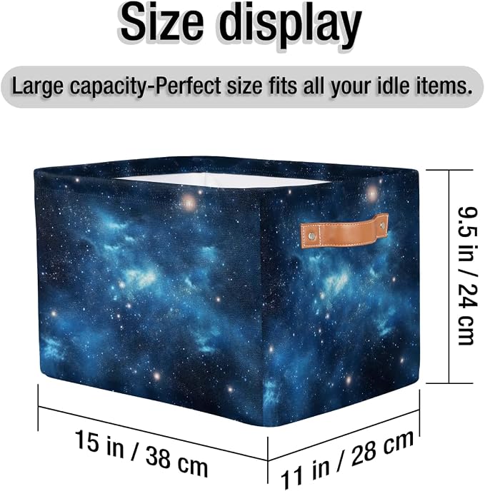 Rectangular Storage Baskets Blue Nebula Pattern Fabric Storage Bin Toy Organizer Box with PU Leather Handles for Room Decor