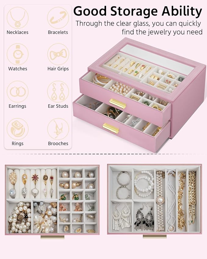 AKOZLIN Jewelry Box with Clear Lid Functional Leather Jewelry Storage Organizer Case 2 Drawers for Women Girls Necklace Ring Bracelet Earring