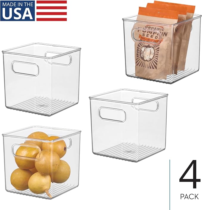 iDesign Storage Bin with Handles, Cube Organizer, Set of 4, Clear | For Pantry, Made in USA