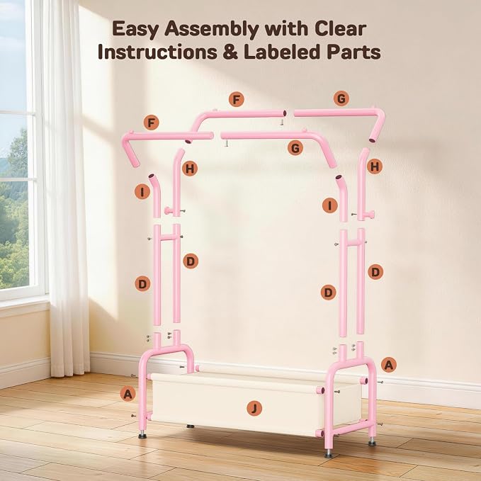 Kids Clothing Rack with Double Hanging Rods and Storage Basket | Child-Height Dress Up Storage for Toddler, Open Kids Closet for Baby Clothes, Costumes, Shoes and Toy, Bedroom Nursery