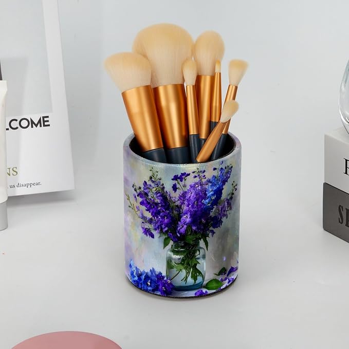 Purple Flower Arrangement Pen Holder Pencil Organizer for Desk, 3.1” x 3.1” x 3.9” Pencil Cup Office Supplies, Large Capacity Cute Pen and Makeup Brush Holder for Home, School, Desktop