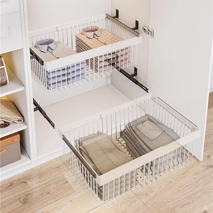Pull Out Basket Drawer with Runners,Metal Under Shelf Storage Basket,Stackable Storage Bins,Adjustable Width 33-117cm,for Wardrobe Organization(Width 33-45cm)