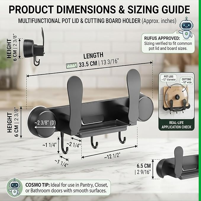 Multifunctional Pot Lid Holder Wall Mounted, Strong Suction Cup Kitchen Organizer with Utensil Hooks & Drain Tray for Cutting Board Pantry Cabinet Door, Non-Slip, Space-Saving, Black