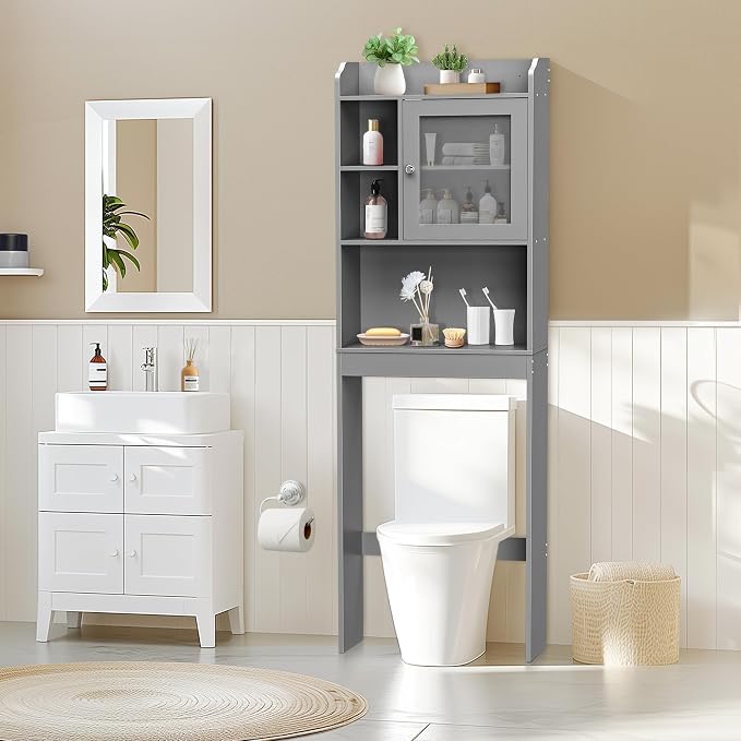 ZENY Over The Toilet Storage Cabinet, Bathroom Organizer with Adjustable Shelf and Double Doors, Freestanding Bathroom Space Saver Toilet Rack (Gray)
