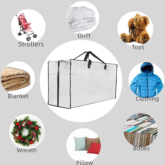 6 Pack Heavy Duty Extra Large Clear Storage Bags with Zipper and Handles - Moving Boxes & Storage Bins Alternative, Packing & Moving Supplies for Dorm Room Essentials