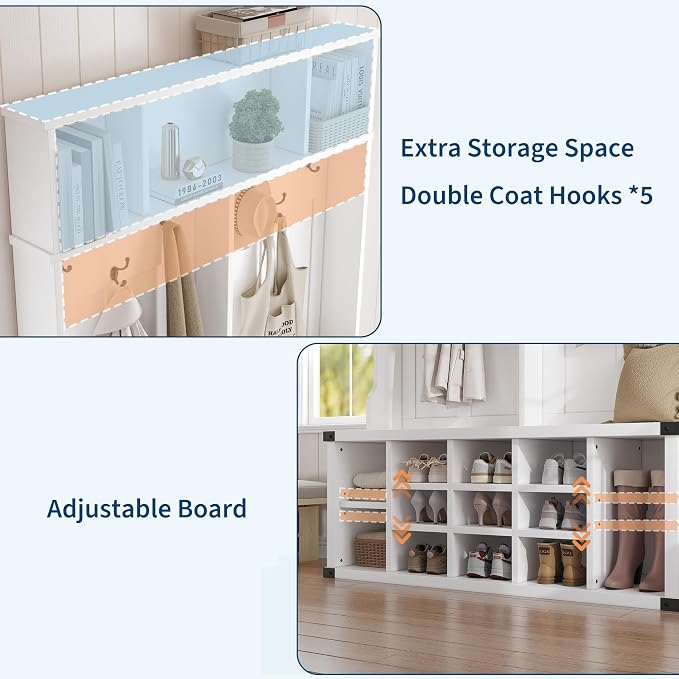 Garvee Farmhouse Entryway Hall Tree with Bench, Shoe Storage & Coat Rack | Large 5-in-1 Mudroom Storage w/ 6 Tri-Hooks & Seating, 13 Cubbies & Adjustable Shelf, Metal Corner Protctor, White