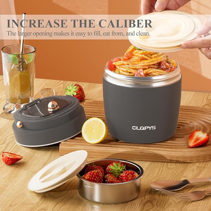 40oz Stainless Steel Vacuum Insulated Food Jar for Adults Wide Mouth Lunch Container with Spoon Fork and Carrying Bag Leak-Proof Soup Thermo Bento Box for Hot Food and Cold Food | Office, Travel Gray