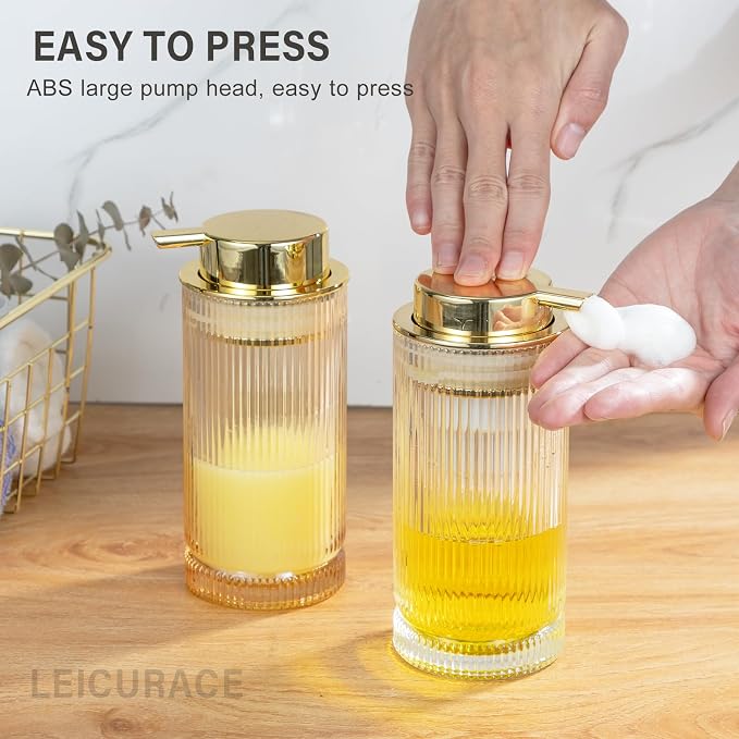 Glass Foam Soap Dispenser, Refillable Faming Dispenser with Gold Pump, Foam Hand Soap Dispenser for Bathroom Kitchen, Modern Home Bathroom Kitchen Decor （Foam Type/Gold）