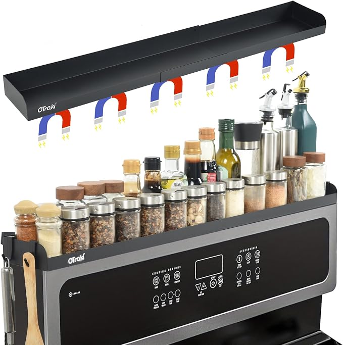 OTraki Magnetic Stove Top Shelf Spice Rack for Stove Adjustable 16-32 inch Stainless Steel Over the Stove Shelf Magnetic Rack Seasoning Organizer with 4 Hook Black | Stainless Steel Over the Stove Shelf Magnetic Rack Seasoning Organizer with 4 Hook Black