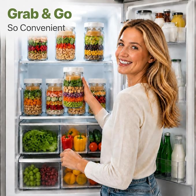 9Pack Salad Meal Prep Containers, 32oz Large Glass Salad Jars with Lids Meal Prep with 4 Forks, Leakproof Salad Container for Lunch with Separate Wet/Dry Dressing Cups for Home, Office and Outdoor