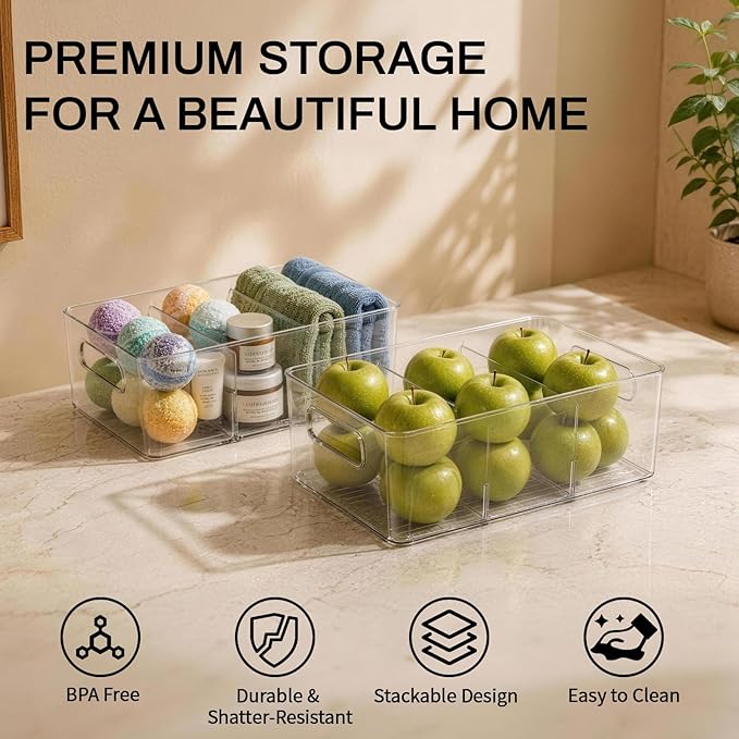 Mpotmiy Pantry Organizers and Storage , 8 Pack Snack Organizer for Pantry Shelf,Food Storage Bins with Divider,Clear Containers for Organizing,Transparent Plastic Basket,Refrigerator and Fridge Bins
