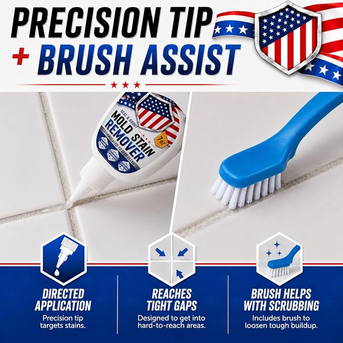Mold Stain Cleaner Gel 7oz, Powerful Thick Stain Remover with Brush Applicator for Tile Lines, Sink Edges, Shower, Washing Machine Gasket, Rubber Loader Seal, Bathroom Grout, for Hard to Reach Stain