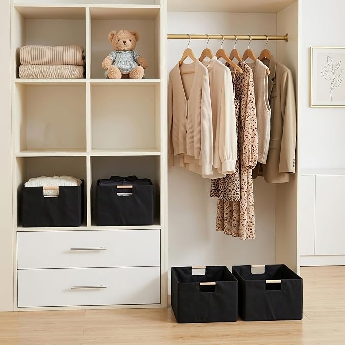 1Pcs Black basket Black Storage Baskets Linen Decorative Storage Bins with Wooden Handles Foldable Rectangular Storage for Shelves, Closets, Home, Office