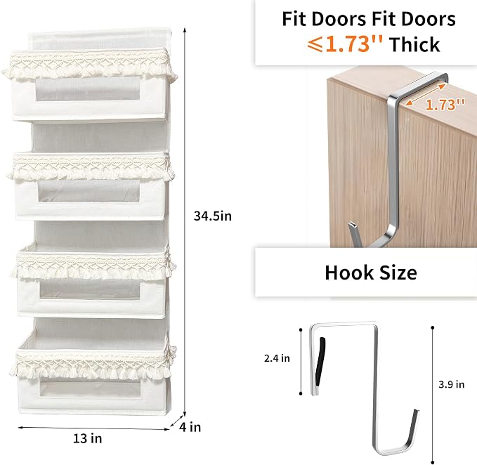 Aokeyee 4 Tier Over Door Organizer Nursery with Tassels and Clear Window | 55lb Boho Door Organizer Hanging, Behind the Door Storage for Bedroom Bathroom
